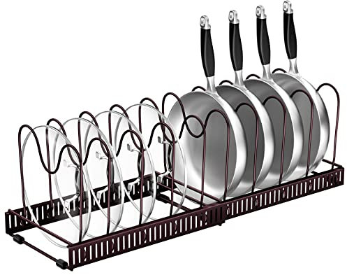Fousenuk rangement couvercle casserole, Organiseur de Poêle avec 10 Compartiments Réglables, Porte-casseroles Support Extensible, organisateur poele, range casserole de Cuisine pour Tiroir (Bronze)