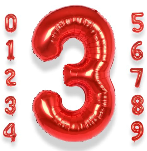 Red Giant Number 3 Balloons: Large Foil Helium Balloon 40 Inch Big Number Balloons Age 0-9 Mylar Balloon for 3th Birthday Party Baby Shower Anniversary Decorations