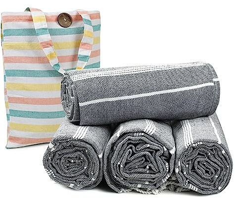 HILLFAIR Cotton Turkish Beach Towels, Quick Dry Lightweight Sand Free Peshtemal Towel for Bath Swim Yoga Spa Travel, Beach Accessories, Oversized Cotton Turkish Towels (39 x 72 inch- 4 Pack Grey)