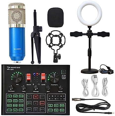 EBAYTV Kit Scheda Audio, Microfono Ring Fill Light Kit microfono treppiede con scheda audio live Microfono a condensatore da studio professionale for karaoke wireless(Blue BM900 LED)