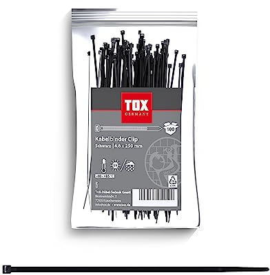 TOX Collier de serrage Clip, noir, résistant aux UV, utilisation universelle à l'intérieur et à l'extérieur, pour une fixation sûre dans la maison, taille 4,8 x 250 mm, 100 pièces, 099600027