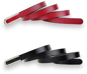 Damengürtel, modisch, schmal, weich, echtes Leder, dünner Taillengürtel, silberfarbene Chrom-Legierung, Schnalle, 2er-Pack, Schwarz und Rot, For Waist 28- 34, Women Size S-M, 4-6