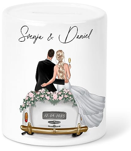 Spardose Hochzeit personalisiertes Geldgeschenk Sparschwein mit Hochzeitsauto & Brautpaar Hochzeitsgeschenk Geld Sparbüchse aus Keramik