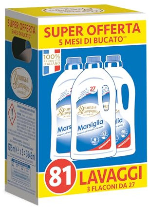 Spuma di Sciampagna - Detersivo Lavatrice Concetrato, Sapone di Marsiglia, Formula Concentrata Efficace Anche a Freddo, Igienizzante con 93% di Ingredienti Biodegradabili - 3 x 1215 ml, 81 Lavaggi