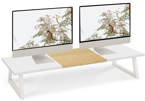 TEAMIX Dual-Monitorerhöhung mit Metallbeinen, 80 cm langer Monitorständer, breiter TV-Ständer, weißer Monitorständer für 2 Monitore, Holz und Stahl, Schreibtischerhöhung für Zuhause, Büro,, DS102WM