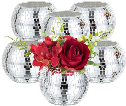 Disco Ball Vases for Table Centerpieces - Hewory 6pcs Silver Mirror Glass Planters Flower Pot Containers, Bulk Disco Balls Bowl Candle Holders for Wedding Bridal Shower Birthday Events Party Decor