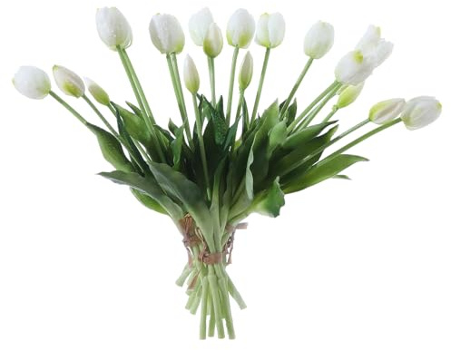 Wenhuidr 20 PZ Tulipani Finti Bianchi Fiori Artificiali Realistici al Tatto Lattice Faux Tulipani Resistenti ai Raggi UV Bouquet di Fiori Finti per Tavolo Decorazione Casa Festa Matrimonio Giardino