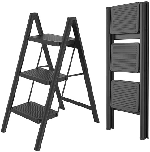 FIVMEN Trittleiter 3 Stufen Klappbar Leiter Klappleiter Treppenleiter Klapptritt Haushaltsleiter Tritthocker mit Breitem Trittbrett 30x20 cm bis 270 kg Belastbar, Schwarz