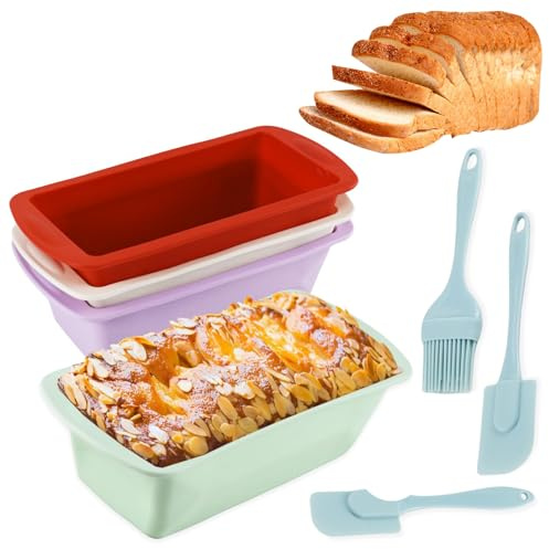 4 Stück Silikon Backformen, Brotbackform Klein Rechteckig, Tortenform, Toastbrot Backform, Backen Kastenbackform, Antihaftende Kastenform kuchen für Kuchen und Brote, mit 3 Stück Silikon Spatel Set