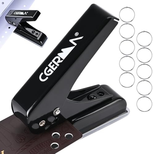 Single Hole Punch, 30 Sheet Capacity, with 10 Pcs Loose Leaf Binder Rings, Heavy Duty Paper Hole Puncher, 1/4 Hole Punches, 60% Labor Savings for for ID Cards, Chipboard Art Projects, Black