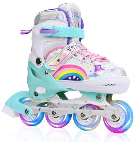 FYHART Adjustable Kids Inline Skates for Girls Beginner Little Kids Big Kids to Play Roller Skates Blades in Outdoor or Indoor (Pink & Rainbow, Medium)