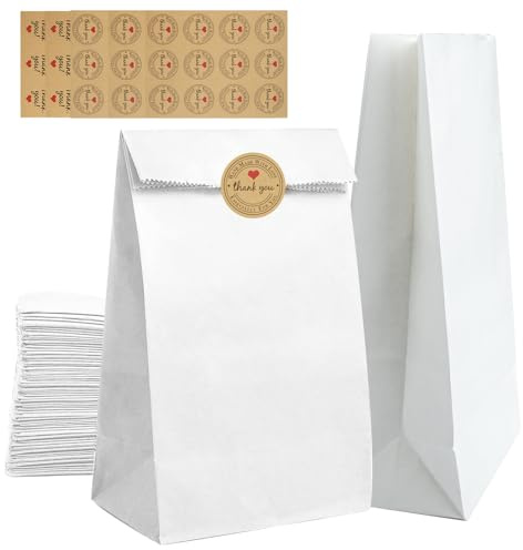 50Pcs Papiertüten Weiß, Kleine Papiertüten Adventskalender mit 60 Aufkleber | 24 x 13 x 8cm Weiss Butterbrottüten Kraftpapier Tüten, DIY Geschenktüten für Hochzeit, Geburtstagsparty, Süßigkeiten, Keksen