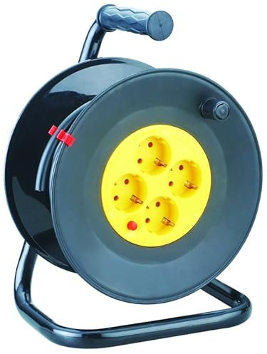 Kabeltrommel IP20 für den Außenbereich, 4 Schutzkontaktsteckdosen, 50 m Kabel, schwarz, PVC-Isolierung, Überhitzungsschutz, Spulenbremse