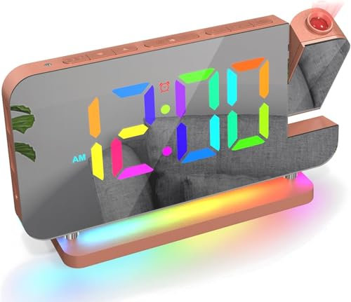 Euakee Wecker mit Projektion, Wecker Digital, 7.4 LED-Spiegeluhr, 10-Farben Nachtlicht, 180° Drehbarem Projektor, USB-C Ladegerät, Projektionswecker für Kinder Schlafzimmer Jungen Mädchen (Roségold)