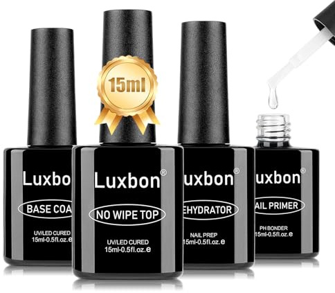 Luxbon 4 st 15ml No Wipe Gel Top Coat och Base Coat Nail Primer Dehydrator Set - Långvarig, glansig finish, UV LED nagellampa Soak Off Gel Base Top Coat Manikyr