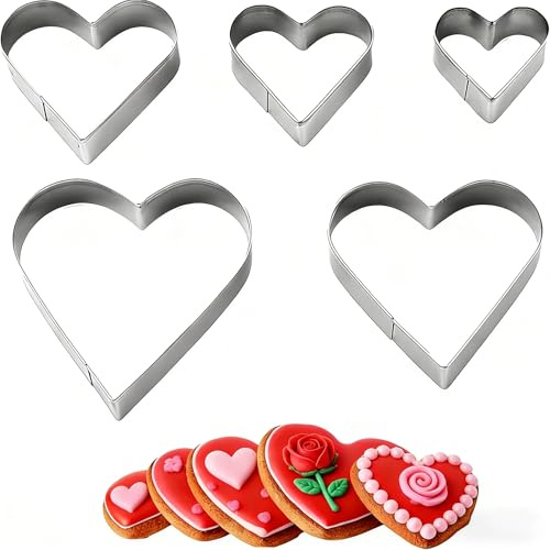 5 Pcs Heart Cookie Cutters Valentines Decorations,5 Size Metal Heart Cookie Cutter,Stainless Steel Fondant Biscui Cutters,Pastry Cutter for Baking for Valentine's Day,Easter Cupcake Present