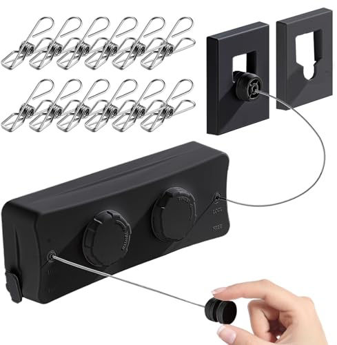Retractable Clothesline - Heavy Duty 44lb Dual 304 Stainless Lines,16.7ft Anti-Sag Design,Install for Indoor/Outdoor Use (Black, Dual Lines)