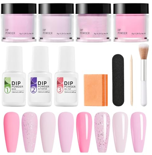 Kit de 11 poudres de trempage pour ongles, 4 couleurs, sans danger pour la peau, comprenant un activateur, une base/une couche finition, brosse, un tampon, bâton lime, longue durée, pour