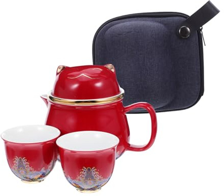 MOLUCKFU Ceramic Lucky Cat Tea with Gold Detailing Portable Kungfu Teapot and Two Cups for Office Travel and Relaxation Compact Porcelain Tea Kit for Sharing