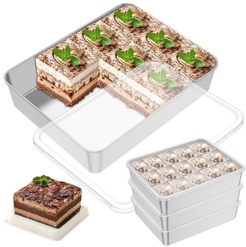 BAODBF 4 stycken Tiramisu form, bakplåt med lock 28,5 × 22,5 × 6,5 cm, rostfritt stål rektangulär behållare, ugnsplåt diskmaskinssäker, djup kakplåt för Brownie tårta Lasagna
