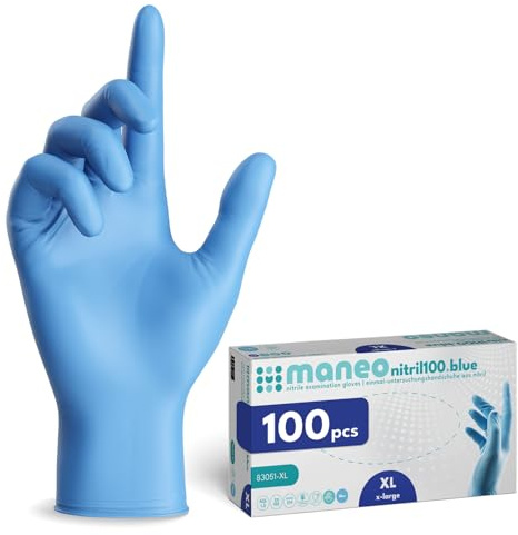 maneo 100x Einweghandschuhe Blau, Einmalhandschuhe in XL, puderfreie Handschuhe Einweg, latexfreie Gummihandschuhe, Nitrilhandschuhe, Putz-, Koch- & Haushalts-Handschuhe