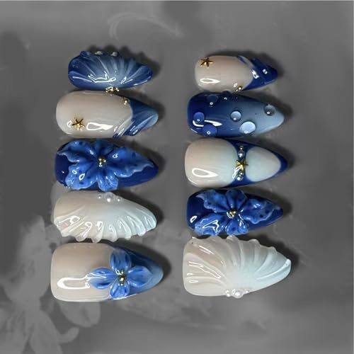 24Pcs Presses on Nails Retro Blue Lilies Bubble Stripe Pearls Art ABS Materials for Timelessly Beauty Parties Easy Apply
