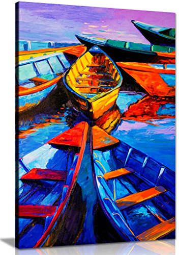 Blue Oil Painting Boats & Sea Modern Canvas Wall Art Picture Print (24x16)