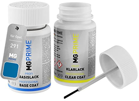 MG PRIME Autolack Lackstift für Opel 291 / 82T GBM Ardenblau Metallic +1K | Arden Blau Perleffekt, Set aus Basislack + Klarlack, Lackfläschchen mit Pinsel, je 50ml