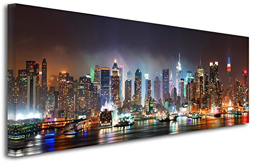 Panorama Picture New York by Night – City Photo Print on Canvas Wall Decoration Landscape – Home Decor, Kitchen, Living Room, Adult Bedroom – Multi-Coloured 80 x 30 cm