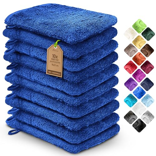 NatureMark Pack de 10 Guantes de Baño de Rizo 100% algodón – Suaves y Resistentes, Ideales para el Cuidado Diario y para Invitados – Azul Real, 15x21 cm
