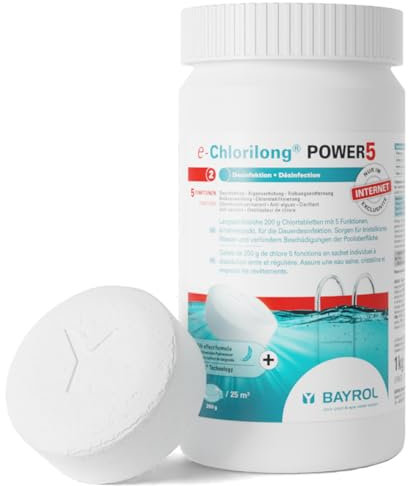BAYROL e-Chlorilong® POWER 5 - 1kg - Chlortabletten für Pool - Multitabs 200g mit 5 Funktionen für Desinfektion Algenverhütung Flockung Kalkvermeidung & Chlorstabilisierung - Chlor Pool