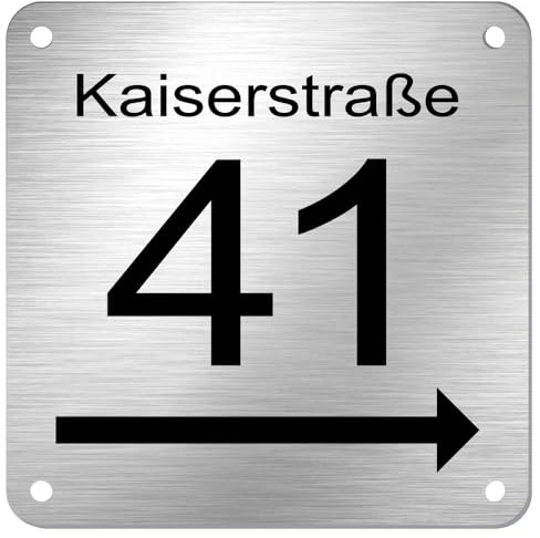 Edelstahl Hausnummernschild V2A mit individueller Lasergravur * Modell 41 | moderne Hausnummer in zeitlosem Design, Namensschild, Hinweisschild mit Pfeil