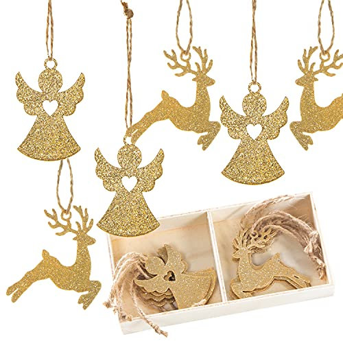 Logbuch-Verlag 24 goldene Weihnachtsanhänger Engel Hirsch Anhänger Weihnachten 5 cm Glitzer Baumschmuck aus Metall