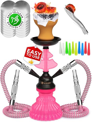 Mini Cachimba Shisha completa 2 Tubos- 30 cm Rosa, Set con 50x láminas, cazoleta 10x puntas 2x boquilla hookah portátil con todo