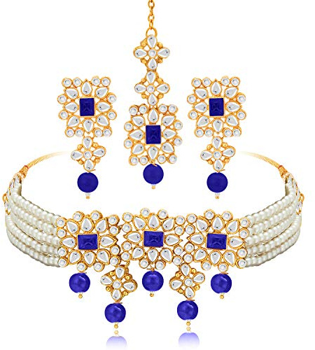 Aheli Ethnic Indian Necklace Earring Maang Tikka Set Traditional Bollywood Fashion Bharatanatyam jewellery set Gift for Women (White Blue)