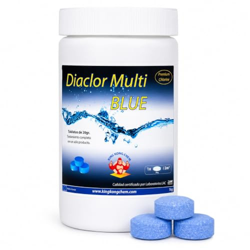 Cloro Piscinas Pequeñas - DIACLOR Multi Blue 1 KG - Pastillas de Cloro Multiacción Efecto clarificante (Pastilla 20 gr - Diámetro 3 cm - Color Azul) - Tratamiento 5 Acciones - SIN Cobre