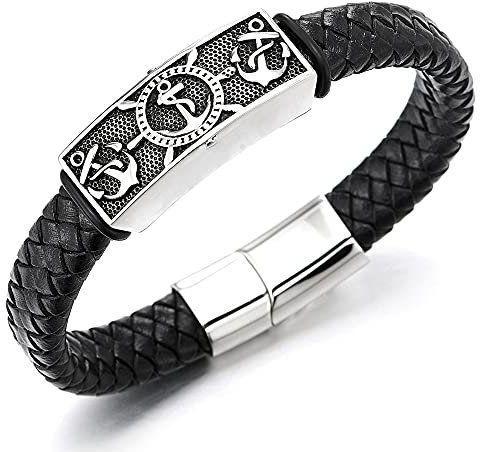 COOLSTEELANDBEYOND Herren Marine Anker Boot Lenkrad Punktiert ID Identifikations Schwarzer Geflochtenes Leder-Armband Edelstahl Armreif