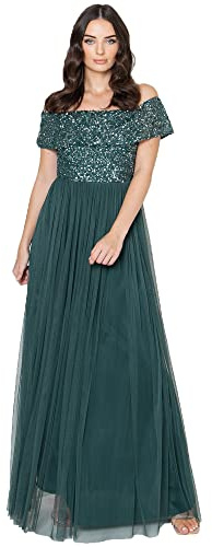 Maya Deluxe Vestido Maxi Adornado Maya Bardot Dama de Honor, Verde Esmeralda, 46 para Mujer