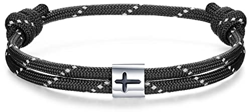 J.Endéar Croce Bracciale Uomo Donna Argento 925 | Bracciale Nautico Paracord Spirit Fatto A Mano | Regalo di Coppia Partner Surfista, Nero