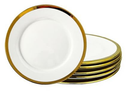 Loymokinar White Porcelain Plates, Set of 6, 8 inch, Gold Trim, Appetizer/Dessert/Salad Plates
