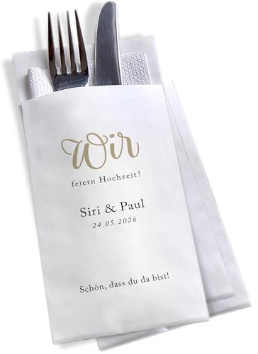 Bestecktasche Hochzeit personalisierbar | Druck Naturfarben | Papier weiß | Set ab 10 Stück | Staffelpreisrabatt |