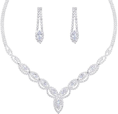 Yolev Hochzeits Brautschmuck Set Silber Strass Halsketten Ohrringe Set Abschlussball Hochzeitsschmuck Braut Party Schmuck Hochzeit Set für Damen und Mädchen