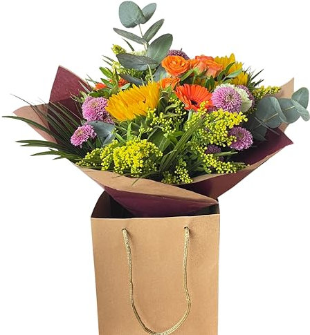 Sunset Dreams Bouquet Fresh Flowers Arrangement with Sunflowers, Gerbra, Roses, Solidago, in Kraft Bag Vase for Gifting Birthday, Mum, Anniversary or Celebrations, any Occasion