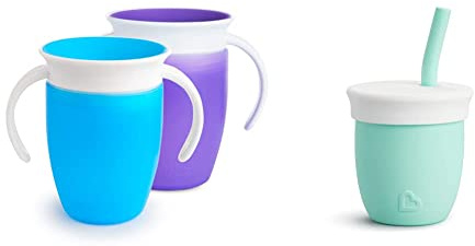 Munchkin Tasse d’Apprentissage Miracle 360, Gobelet Bébé, Tasse Enfant sans BPA avec Poignées - 207 ml, Lot de 2, Bleu/Violet & C'est Silicone Gobelet d'Apprentissage Avec Paille - 118ml Vert Pastel