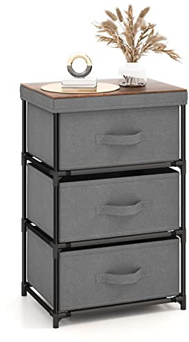 GIANTEX Nachttisch Kommode mit Schubladen, Wohnzimmerschrank Nachtschrank aus Stoff & Metallrahmen, Beistellschrank Schubladenschrank 3 Etagen mit großem Tablett, kleine Kommode Nachtkommode (Grau)