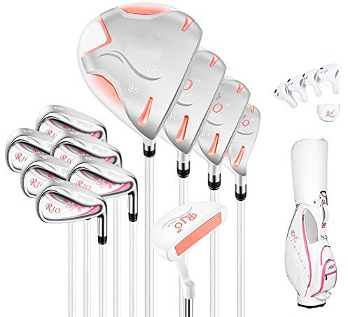 Komplettes Damen-Golfschlägerpaket-Set, 11-teilig, inklusive Titan-Golfschläger, Fairwayhölzer 3 und Nr. 5, 4 Hybrid-Eisen, 6–9 PS, Putter und Damen-Golftasche