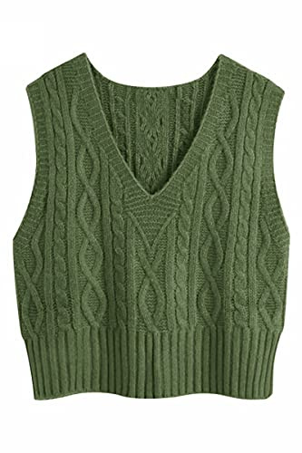 Pullunder Damen Ärmellos V-Ausschnitt Strickweste Pullover Elegant Strickpullover Strickpulli Casual Damen Herbst Winterpullover Sweater Vest Grün L