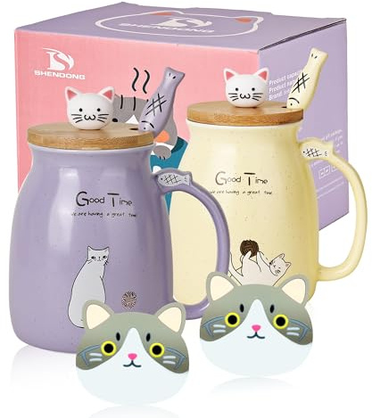 2er-Pack Katzenbecher Niedliche Kaffeetassen aus Keramik im 2er-Set mit Bambusdeckel und Löffel Neuheit Morning Cup Kaffee-Milch Tee-Becher-3D Tier Katzen-Tassen für Katzenliebhaber (Lila und Gelb)