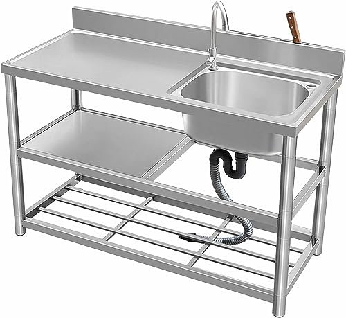 Arbeitsplatz-Küche, Zuhause, Wasserfall-Spüle, Außenküche, gewerbliches Restaurant-Spülen-Set, Spülbecken aus Edelstahl 304 mit Werkbank, freistehendes Einzelbecken-Waschbecken mit