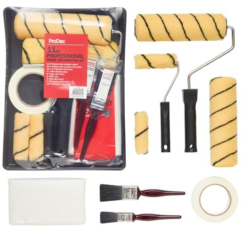 ProDec 11 pezzi Kit professionale per la decorazione della casa Set di rulli per pittura e vassoio con pennelli, foglio per la polvere - Set di rulli per dipingere pareti e soffitti con emulsione